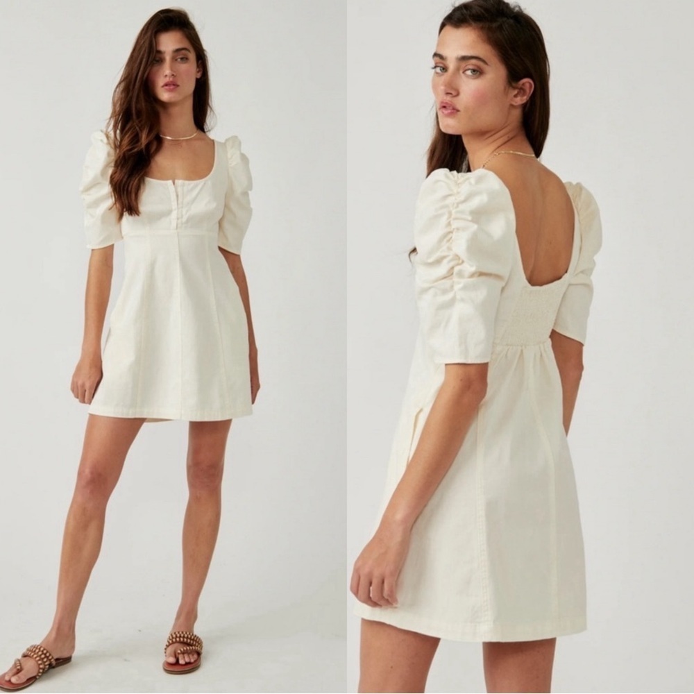 Free People Cheyenne Cotton Denim Puff Sleeve Mini Dress in Ivory Sz. SMALL NWT